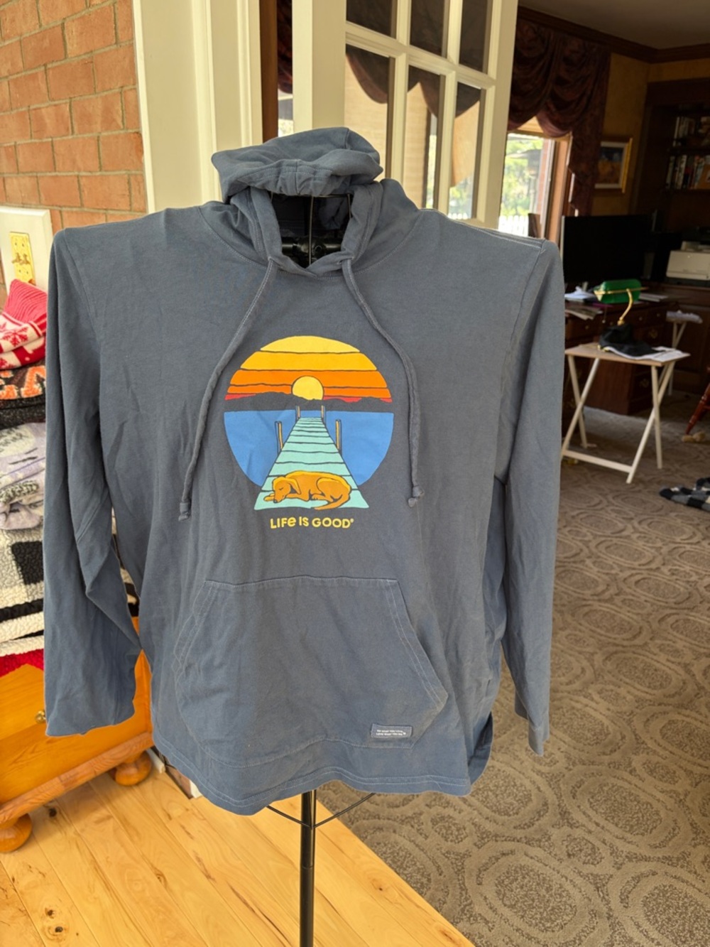 Life Is Good Navy Hoodie with Sunset Dock Graphic